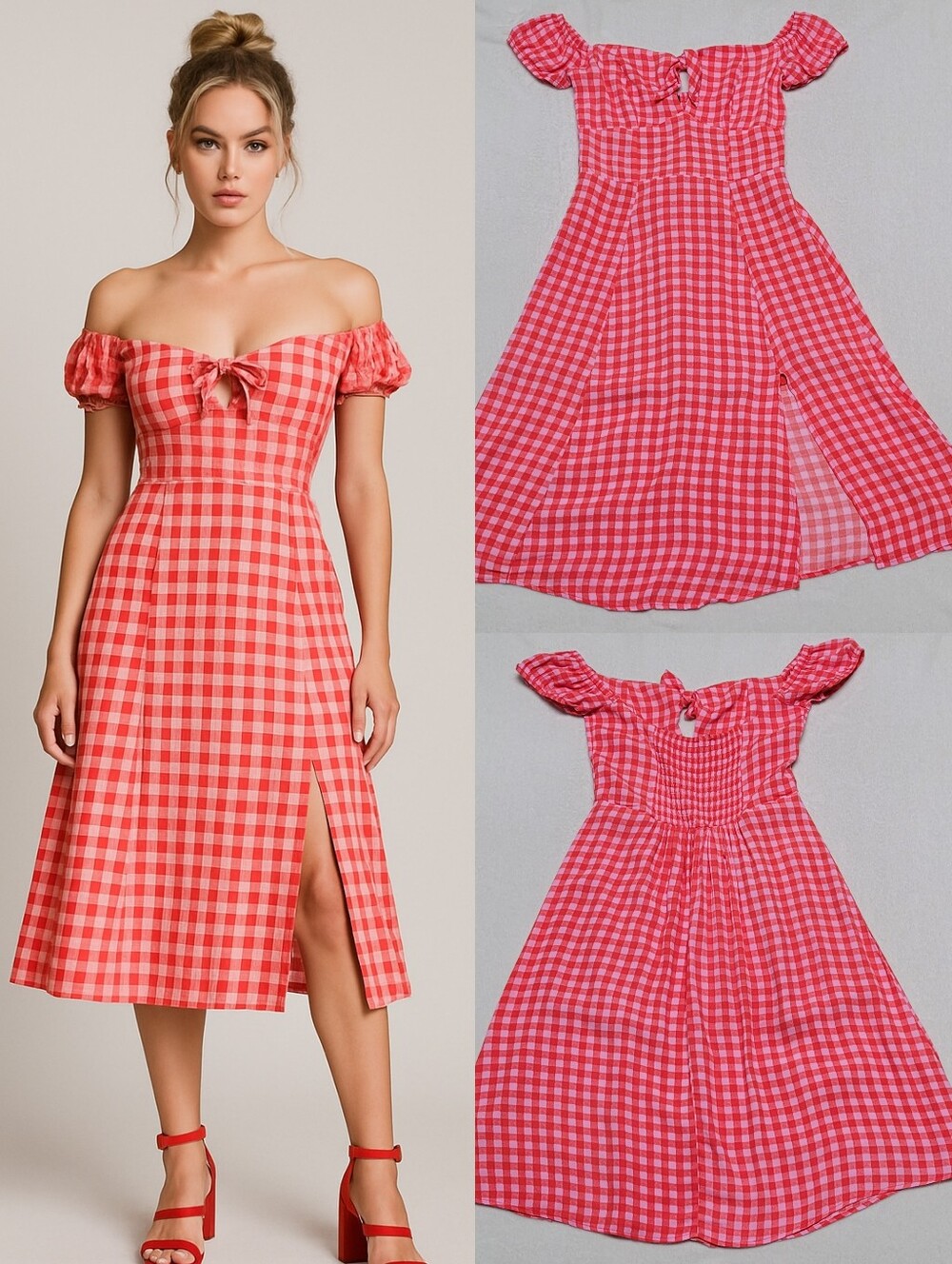 Rare Vintage 90s B. Darlin Red Pink Gingham Plaid Puff Off-Shoulder Midi Dress M